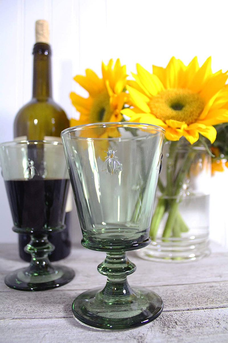 La Rochère Vintage Green Fine French Glassware Embossed with the Iconic French Napoleon Bee 9-ounce Wine Glass, Set of 6