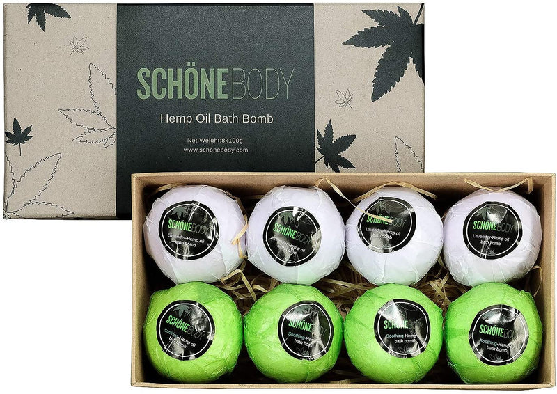 Hemp Bath Bombs, Large Set of 8 Bath Bombs. By Schone Body, 2 relaxing Scents of Refreshing Mint and Hemp Oil and Soothing Lavender and Hemp Oil. Made with Pure Essential Oil Vegan Set