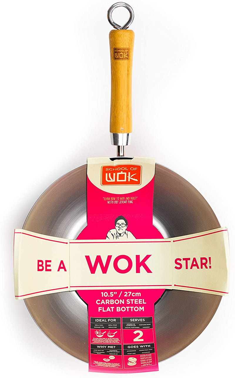School of Wok 10.5" Wok | Flat Bottom | Carbon Steel | Bamboo Handle with Loop Hook | 10.5in/27cm