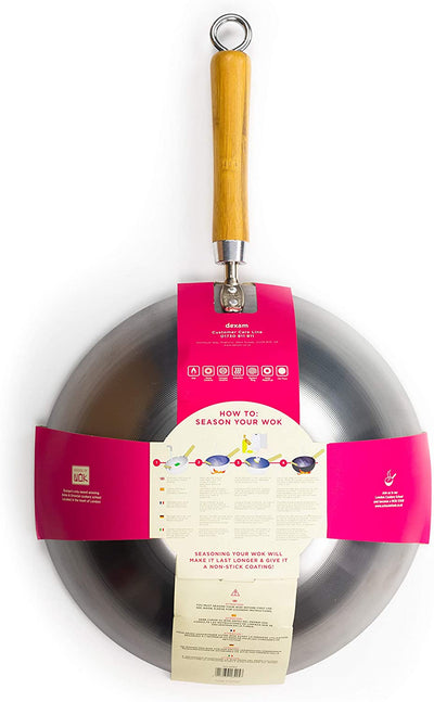 School of Wok 12" Wok | Flat Bottom | Carbon Steel | Bamboo Handle with Loop Hook | 12in/30cm