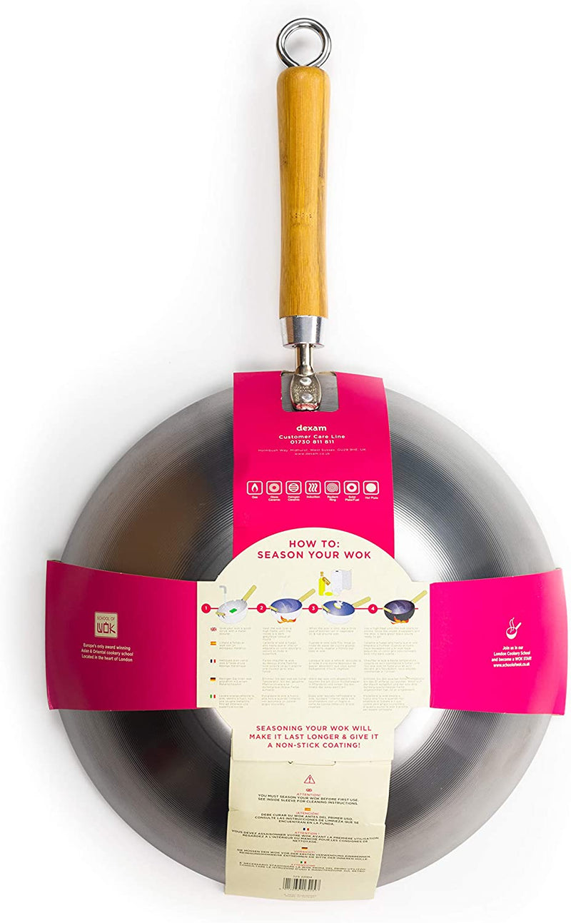 School of Wok 12" Wok | Flat Bottom | Carbon Steel | Bamboo Handle with Loop Hook | 12in/30cm