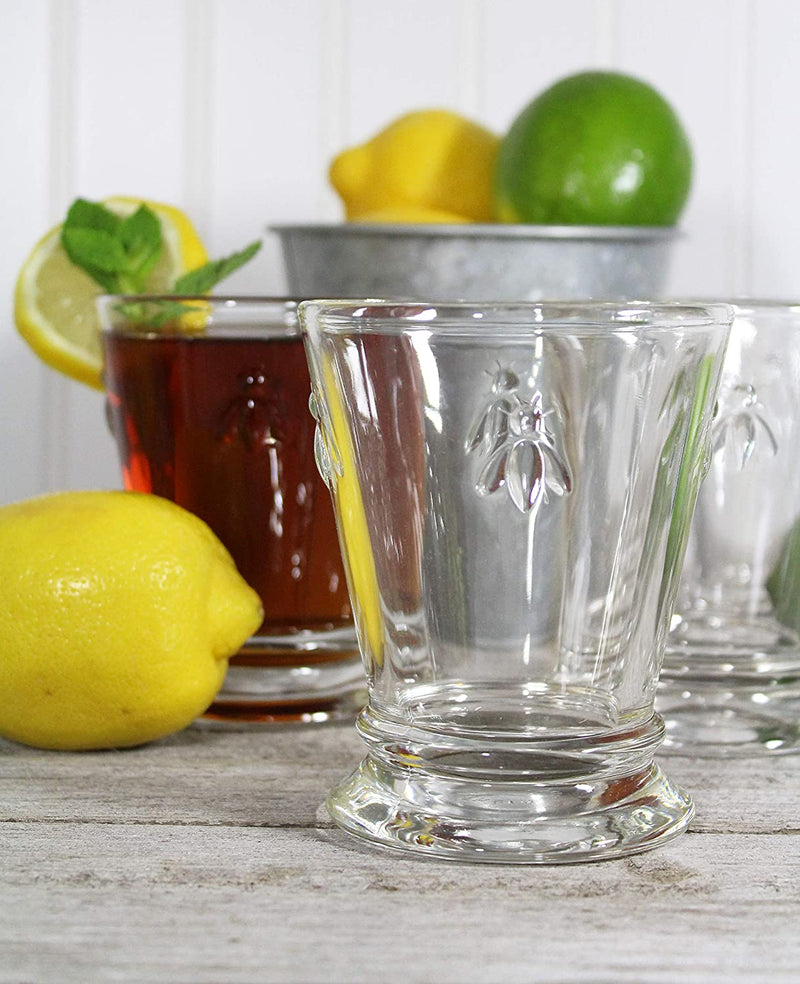 Napoleon Bee Tumblers Set Of 6 - 9 oz - Clear Glass Tumbler w/ The French Bee Embossed Design - Fine French Glassware, Drinking Glasses, Heavy Water Glasses, Dishwasher Safe Juice Glasses