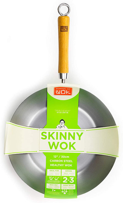 School of Wok 12" Skinny Wok | Flat Bottom | Carbon Steel | Bamboo Handle with Loop Hook | Dimple Surface to Spread Oil Thinly |12in/30cm