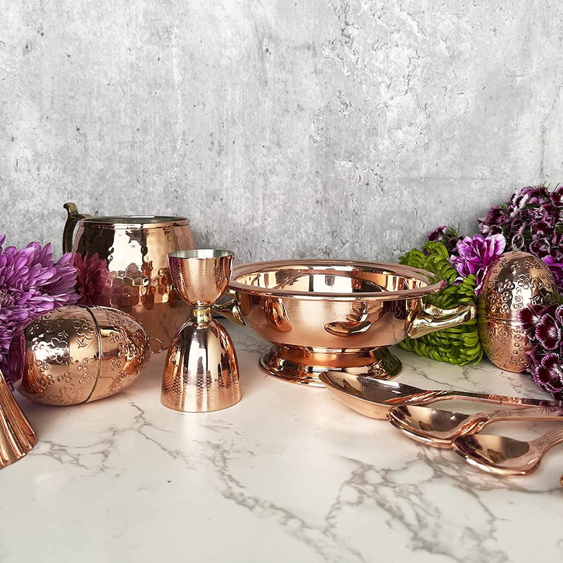 Coppermill Kitchen | Vintage Inspired Jigger | Authentic Copper & Brass | 1900s Art Deco Design | Engine Turn Pattern | Dual 2 oz & 1 oz Sides