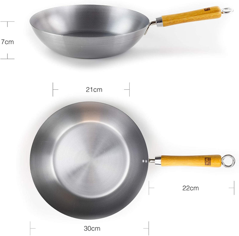 School of Wok 12" Skinny Wok | Flat Bottom | Carbon Steel | Bamboo Handle with Loop Hook | Dimple Surface to Spread Oil Thinly |12in/30cm