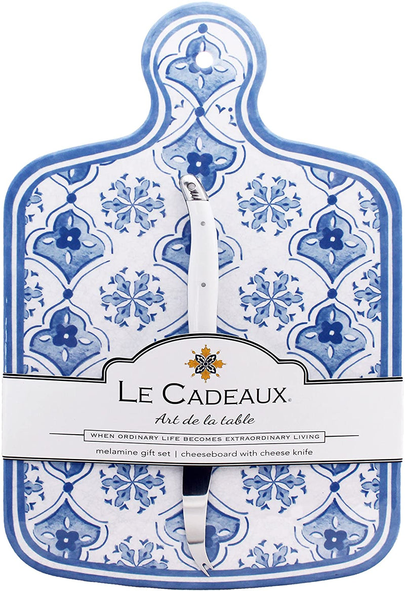 Le Cadeaux Moroccan Blue Melamine Cheese Board and Laguiole Cheese Knife Gift Set