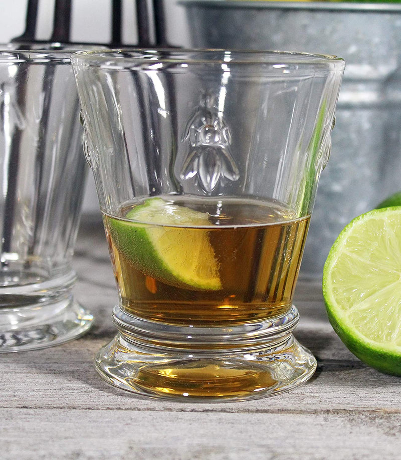 Napoleon Bee Tumblers Set Of 6 - 9 oz - Clear Glass Tumbler w/ The French Bee Embossed Design - Fine French Glassware, Drinking Glasses, Heavy Water Glasses, Dishwasher Safe Juice Glasses