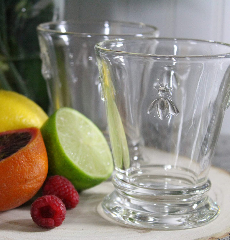 Napoleon Bee Tumblers Set Of 6 - 9 oz - Clear Glass Tumbler w/ The French Bee Embossed Design - Fine French Glassware, Drinking Glasses, Heavy Water Glasses, Dishwasher Safe Juice Glasses