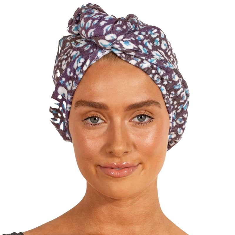 LOUVELLE Stylish RIVA Luxury Hair Towel Wrap Turban Style Reusable, Anti Frizz, Super Absorbent for All Hair Types (Denim Leopard)