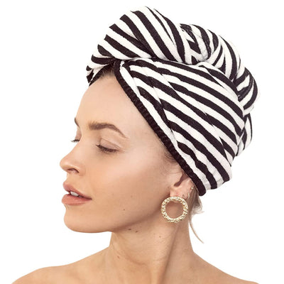 LOUVELLE Stylish RIVA Luxury Hair Towel Wrap Turban Style Reusable, Anti Frizz, Super Absorbent for All Hair Types (Monochrome Stripe)