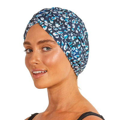 LOUVELLE Stylish AMELIE Luxury Shower Cap Turban Style Reusable with 100% Waterproof Lining and Quick Dry Fabric (Denim Leopard)