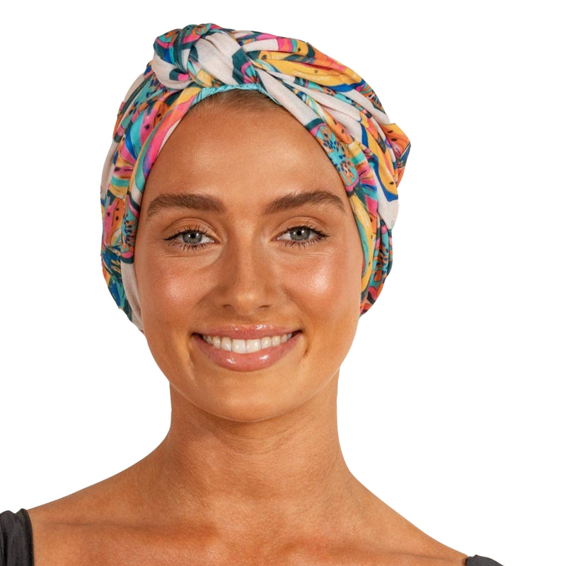 LOUVELLE Stylish DAHLIA Luxury Shower Cap Turban Style Reusable with 100% Waterproof Lining and Quick Dry Fabric (Tutti Frutti) - One of Oprah&