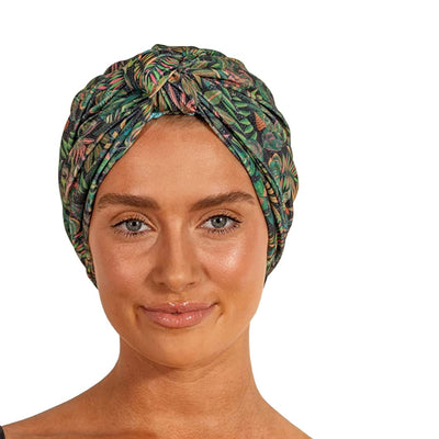 LOUVELLE Stylish DAHLIA Luxury Shower Cap Turban Style Reusable with 100% Waterproof Lining and Quick Dry Fabric (Tropical Leaves) - One of Oprah's Favorite Things