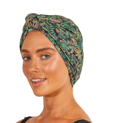 LOUVELLE Stylish DAHLIA Luxury Shower Cap Turban Style Reusable with 100% Waterproof Lining and Quick Dry Fabric (Tropical Leaves) - One of Oprah's Favorite Things