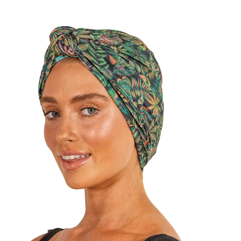 LOUVELLE Stylish DAHLIA Luxury Shower Cap Turban Style Reusable with 100% Waterproof Lining and Quick Dry Fabric (Tropical Leaves) - One of Oprah&