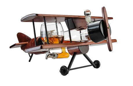 The Wine Savant Whiskey Decanter Airplane Set and Glasses Antique Wood Airplane