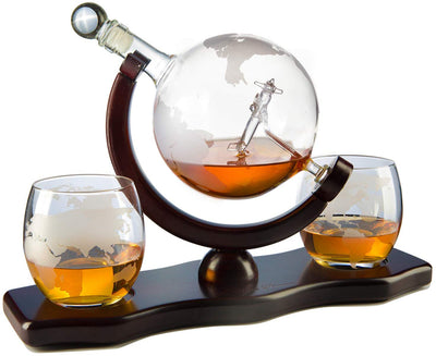 Etched World Decanter whiskey Globe - The Wine Savant Whiskey Gift Set Globe Decanter with Antique Airplane, Whiskey Stones and 3 World Map Glasses