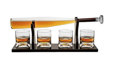 The Wine Savant Baseball Bat Whiskey Decanter Set with 4 Baseball Glasses