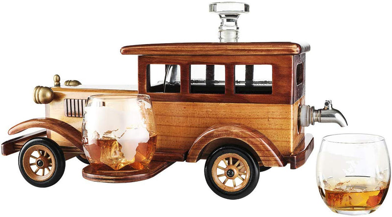 The Wine Savant Old Fashioned Car Whiskey Decanter Set with 2 Glasses