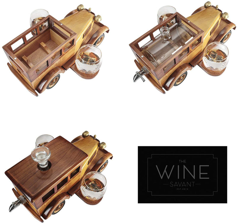 The Wine Savant Old Fashioned Car Whiskey Decanter Set with 2 Glasses