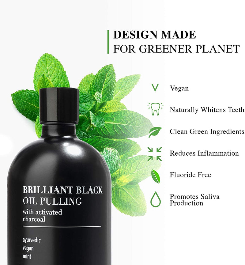 Brilliant Black Oil Pulling, Natural Ayurvedic Blend of Activated Charcoal and Coconut Oil, Oil Pulling Mouthwash Rinse with Peppermint Essential Oil - Terra and Co.