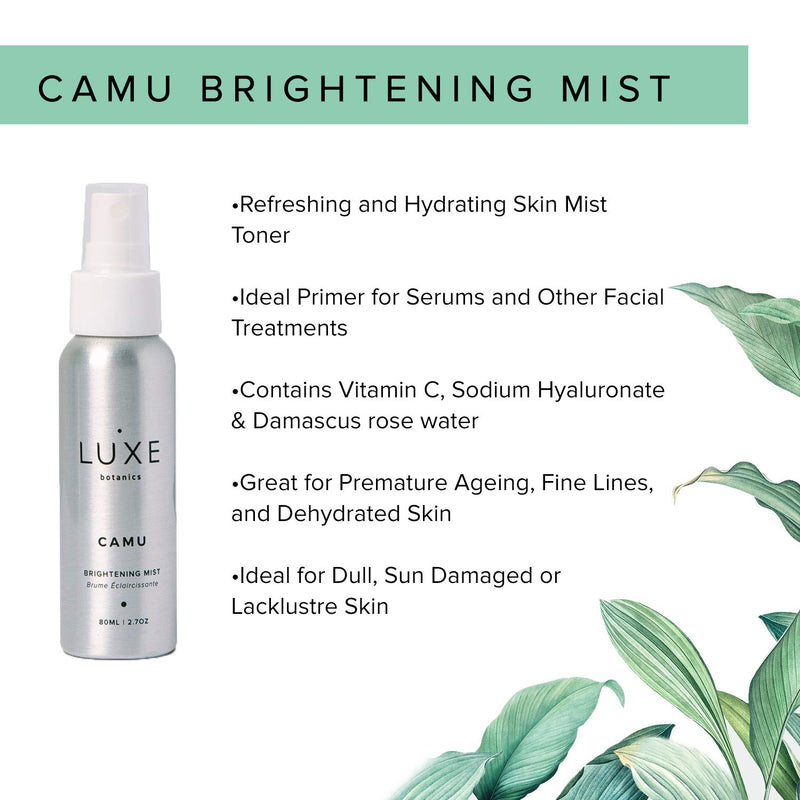 Luxe Botanics Camu Brightening Mist - A Toner to Hydrate, Illuminate and Plump Skin - Organic Camu Camu Berry, Vitamin C, Damascus Rose Water (2.70z)