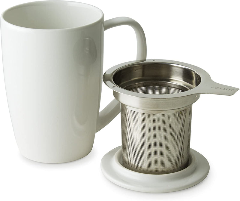 FORLIFE Curve Tall Tea Mug with Infuser and Lid 15 ounces, White