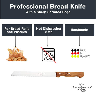 Sword & crown bread knife serrated olive wood from Solingen Blade length 20 cm 8" stainless steel/bread saw