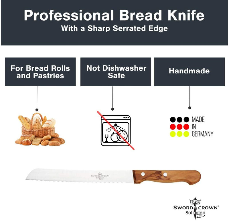 Sword & crown bread knife serrated olive wood from Solingen Blade length 20 cm 8" stainless steel/bread saw