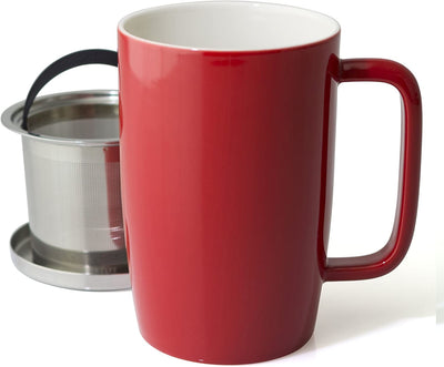 FORLIFE Dew Glossy Finish Brew-In-Mug with Basket Infuser & "Mirror" Stainless Lid 18 oz., Red