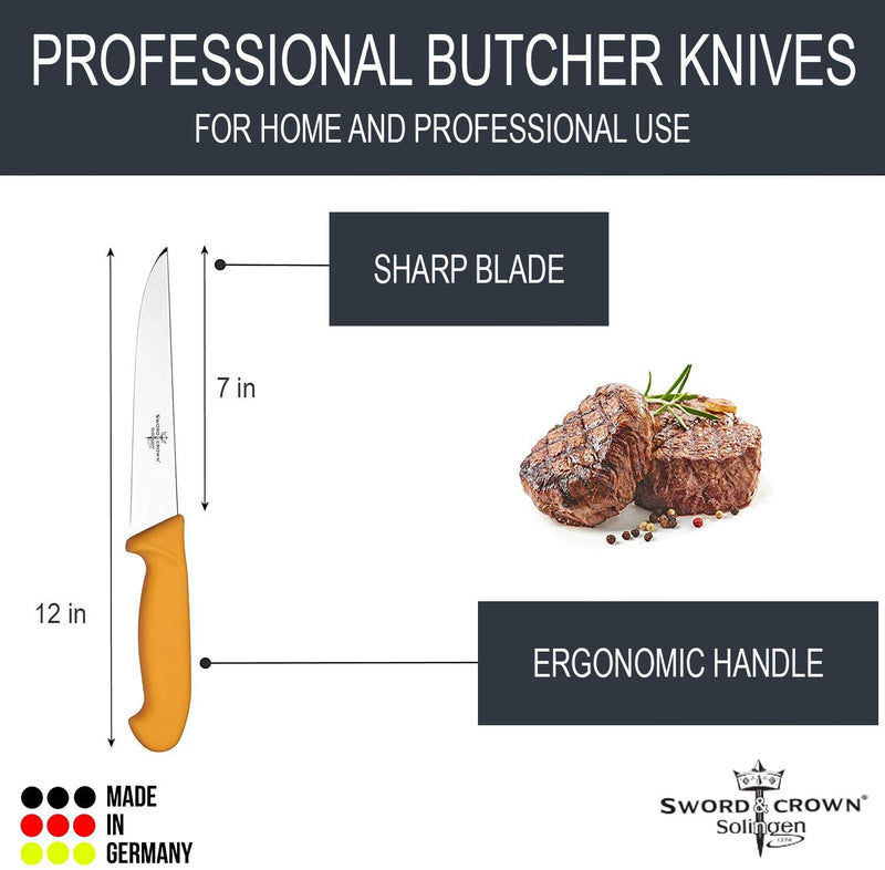 Sword & Crown Professional (Made in Germany) Butcher Knife Set of 7" Butcher Knife, 6" Boning Knife, 6" Skinning Knife and 5" Flexible Boning Knife