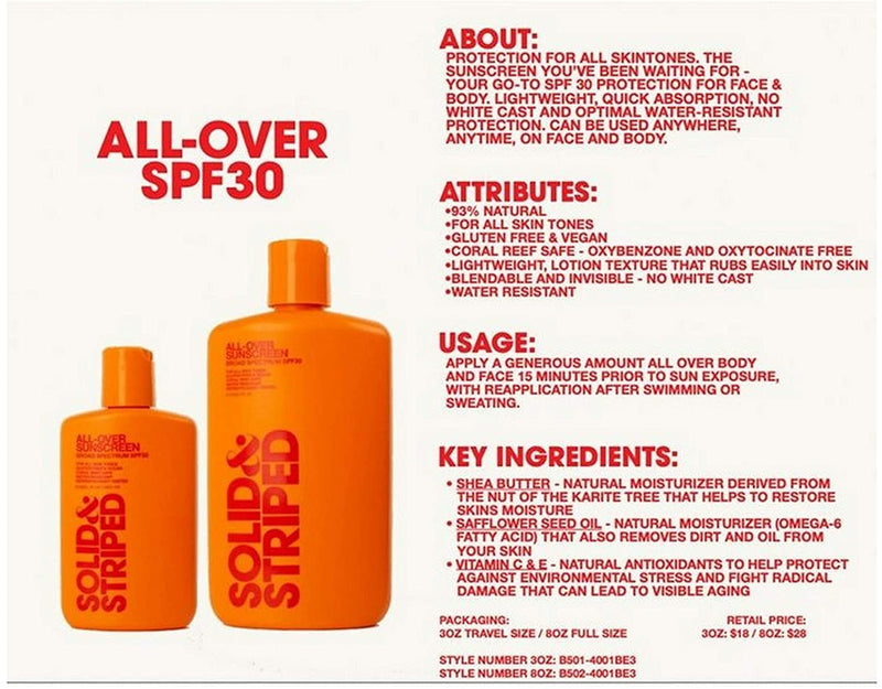 Solid & Striped All-Over Sunscreen Broad Spectrum SPF-30 Facial/Body Sunscreen Suncare (8 oz)