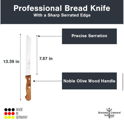 Sword & crown bread knife serrated olive wood from Solingen Blade length 20 cm 8" stainless steel/bread saw