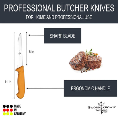 Sword & Crown Professional (Made in Germany) Butcher Knife Set of 7" Butcher Knife, 6" Boning Knife, 6" Skinning Knife and 5" Flexible Boning Knife