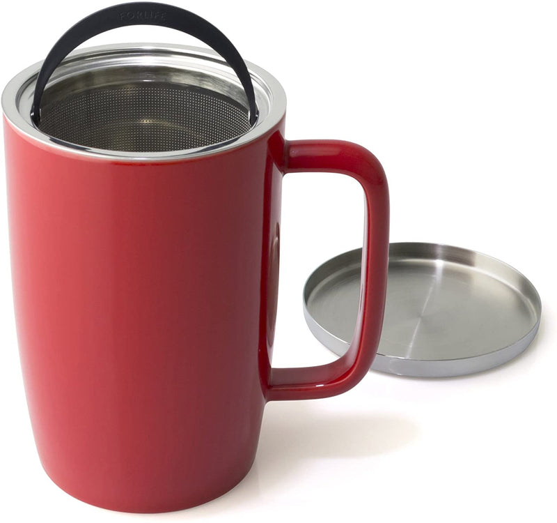 FORLIFE Dew Glossy Finish Brew-In-Mug with Basket Infuser & "Mirror" Stainless Lid 18 oz., Red