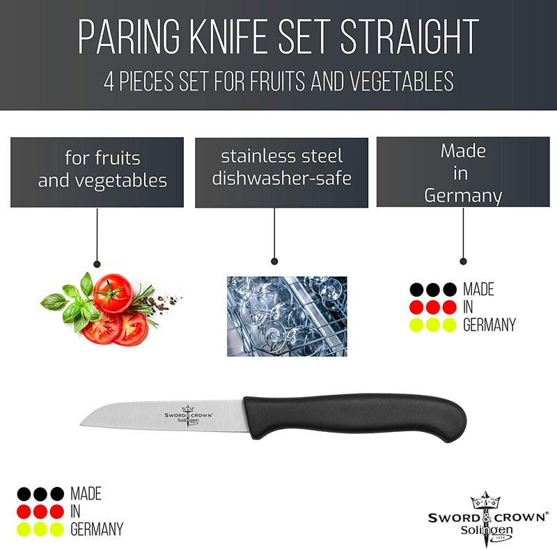 Sword & Crown Professional (Made in Germany, Solingen) Set of 4 Easy to Grip Rust and Corrosion Free Dishwasher Safe 3.5" Paring Knife/Vegetable Knife (4pc)