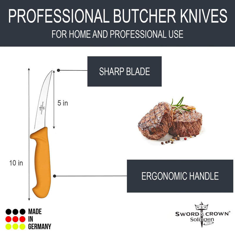 Sword & Crown Professional (Made in Germany) Butcher Knife Set of 7" Butcher Knife, 6" Boning Knife, 6" Skinning Knife and 5" Flexible Boning Knife