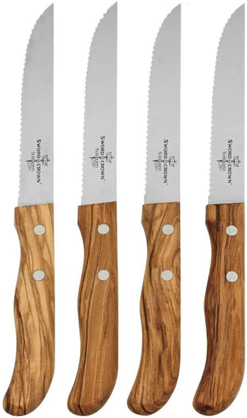 Sword & Crown 4-Piece 4.5" Stainless Steel Serrated Blade Steak Knife Bread Knife Set with Olive Wood Handle