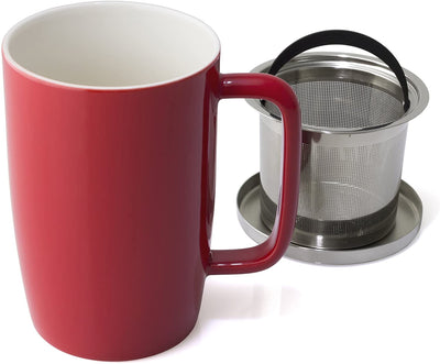 FORLIFE Dew Glossy Finish Brew-In-Mug with Basket Infuser & "Mirror" Stainless Lid 18 oz., Red