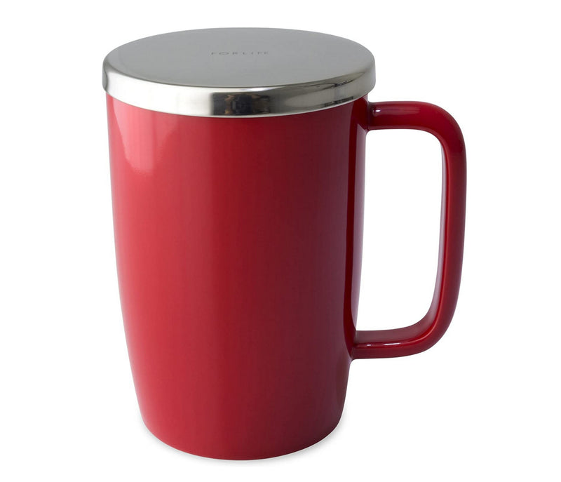 FORLIFE Dew Glossy Finish Brew-In-Mug with Basket Infuser & "Mirror" Stainless Lid 18 oz., Red