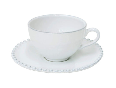 COSTA NOVA Pearl Collection Stoneware Ceramic Tea Cup & Saucer 8 oz, White