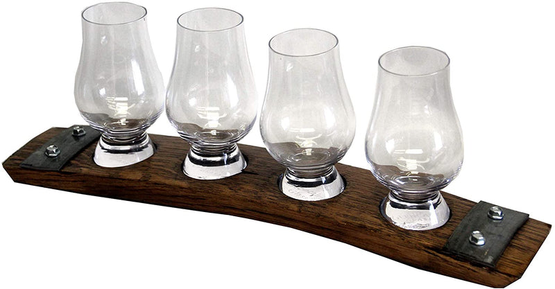 Barrel-Art Barrel Stave Premium 4 Glass Whiskey Flight Serving Tray with Glencairn Glasses, Dark Walnut