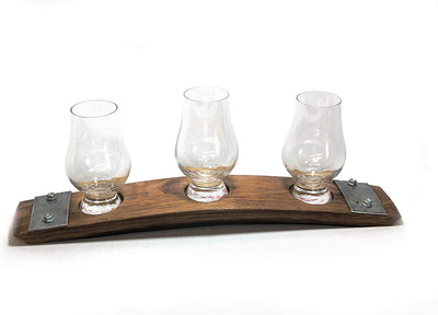 Barrel-Art Barrel Stave Premium 3 Glass Whiskey Flight Serving Tray with Glencairn Glasses, Dark Walnut