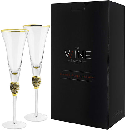 The Wine Savant Large Diamond Champagne Flutes, Glasses, With Gold Rim - Set of 2