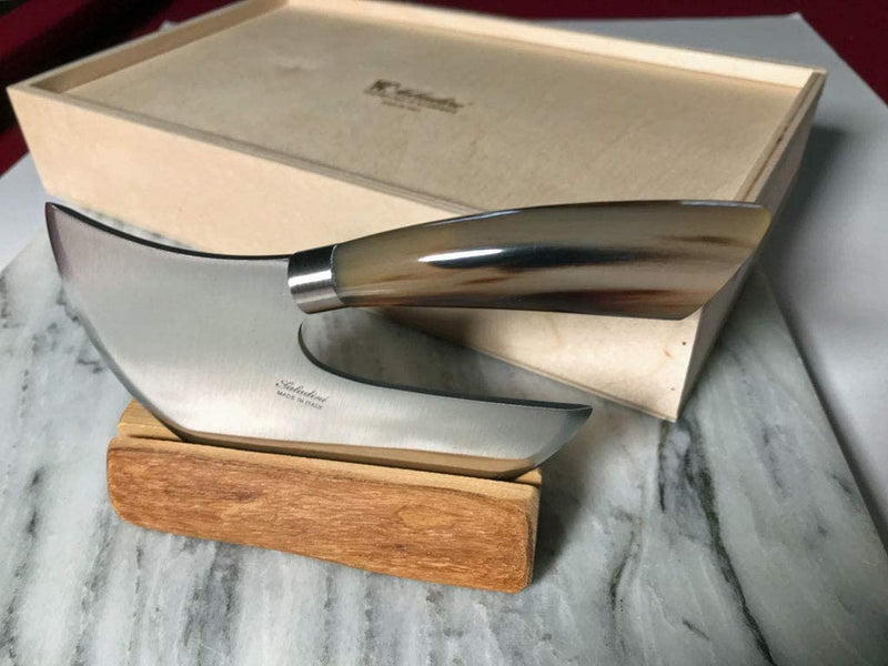 Coltelleria Saladini Exquisite Italian Cheese and Dessert Knife with Strong, High Carbon Stainless Steel Blade and Sculpted Ox Horn Handle and Olive Wood Stand Hand Forged