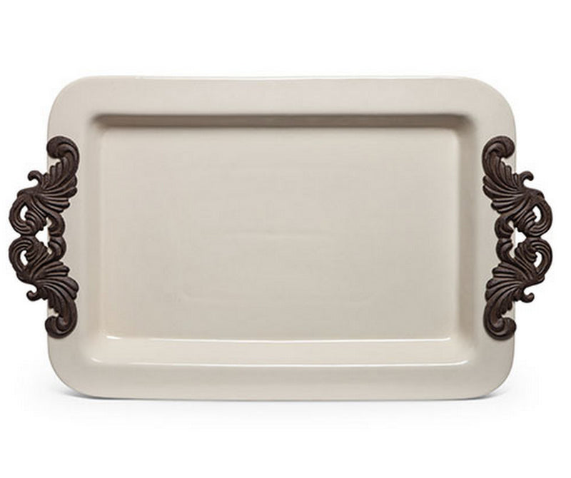 GG Collection Gracious Goods Cream Rectangular Tray with Metal Handles