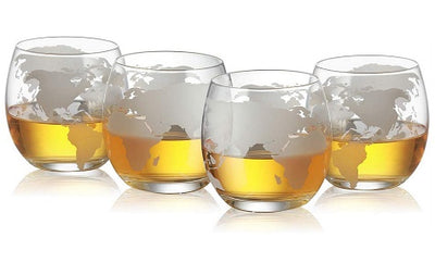 Etched World Globe Glasses 12 oz -Set of 4