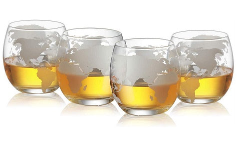 Etched World Globe Glasses 12 oz -Set of 4