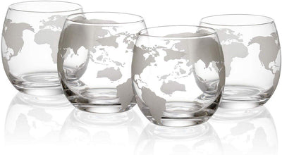 Etched World Globe Glasses 12 oz -Set of 4