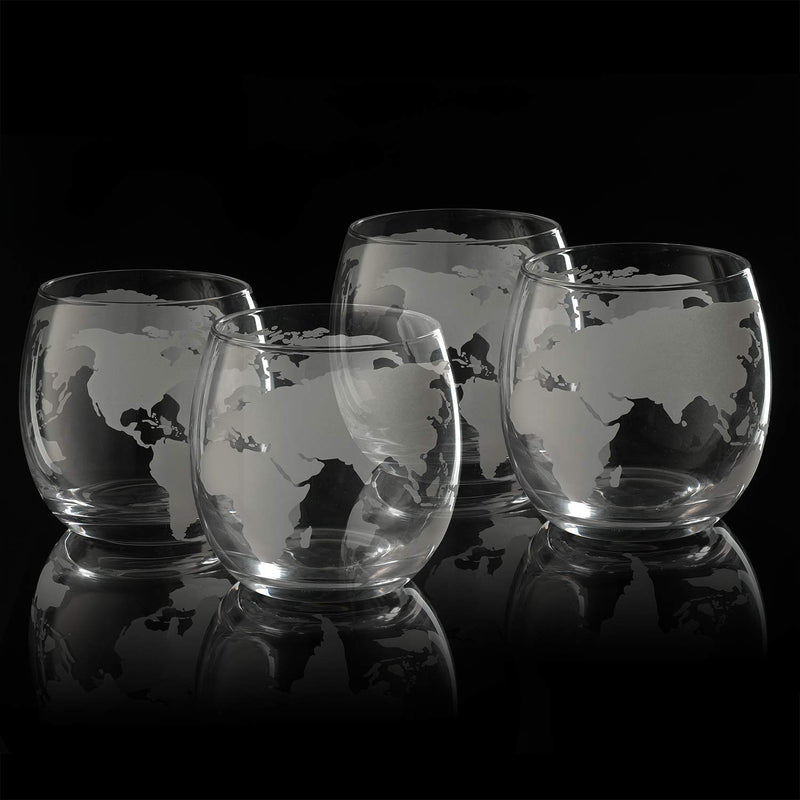 Etched World Globe Glasses 12 oz -Set of 4